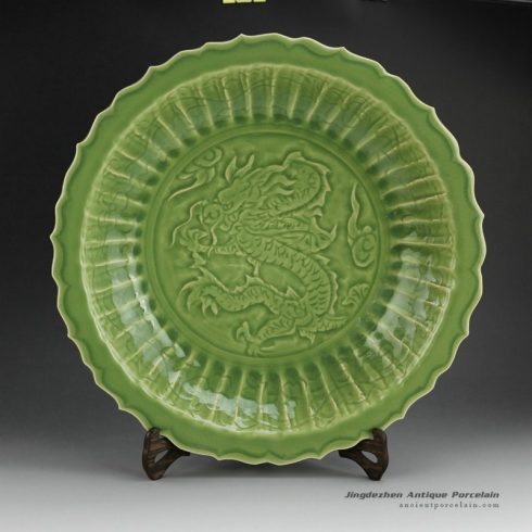 RZES01-C_17inch Celadon engraved dragon, flower and fish design decor. porcelain plate