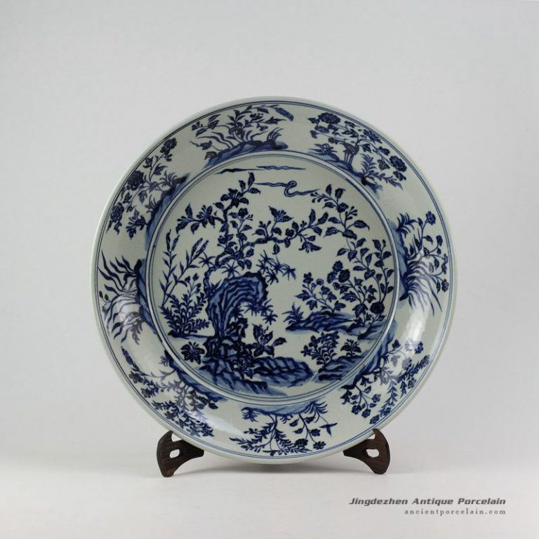 RZEZ09C_16″ Ming Reproduction blue and white floral Porcelain plates Chinese Antique