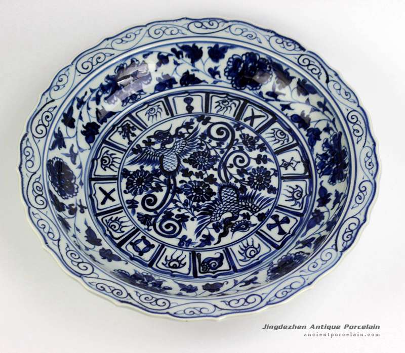 RZEZ09-E_Hand paint phoenix pattern carved floral edge blue and white large ceramic plate