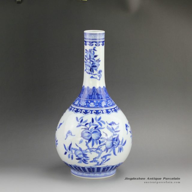 RZFD01_14.5″ Jingdezhen Qing dynasty Kangxi period reproduction Bright Blue White Peach design Porcelain Vases