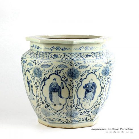RZFH05_Ancient Qing Dynasty reproduction blue and white handicraft the Eight Immortals pattern ceramic vat