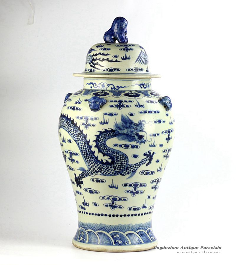 RZFH06_Antique design hand paint dragon phoenix pattern lion knob lid ceramic ginger jar