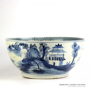 RZFH07_Blue and white hand paint airy pavilions and pagodas pattern plump ceramic bowl