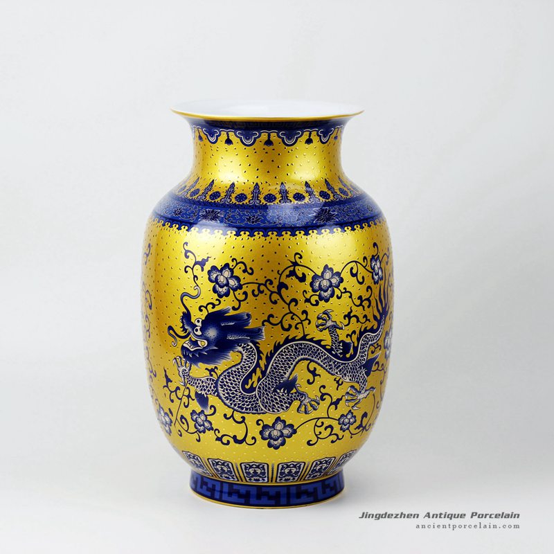 RZFT01_Thick neck wide mouth swell gold point blue white dragon pattern ceramic oriental vases
