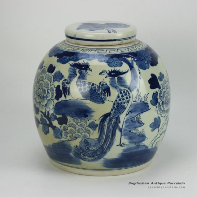 RZFZ05-A_hand paint phoenix flower pattern flat lid antique finish ceramic jar
