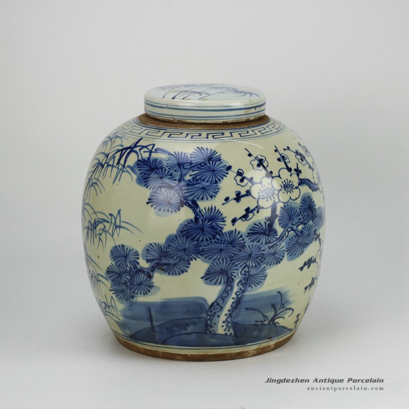 RZFZ05-B_three durable plants of winter — pine , bamboo and plum blossom pattern hand paint blue and white antique porcelain jar