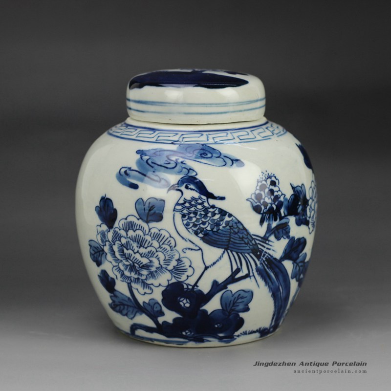 RZFZ06-A_Hand paint blue and white bird floral pattern porcelain container