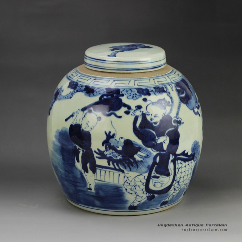 RZGC01-B_Hot sale hand paint fair children kylin pattern blue and white porcelain antique pot