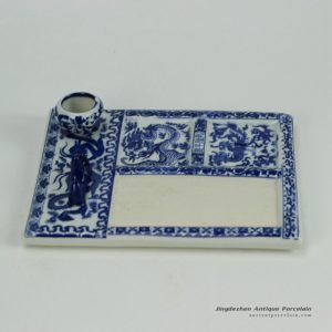RZGE05_Blue and white Chinese calligraphy ink slab with pen rack and ink pot