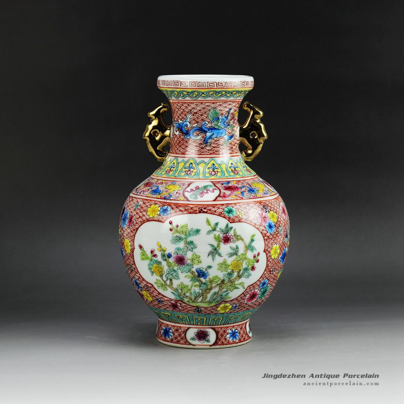RZGQ01_Hand paint Qing Dynasty reproduction enamel ceramic centerpiece vase with two gold plated handle