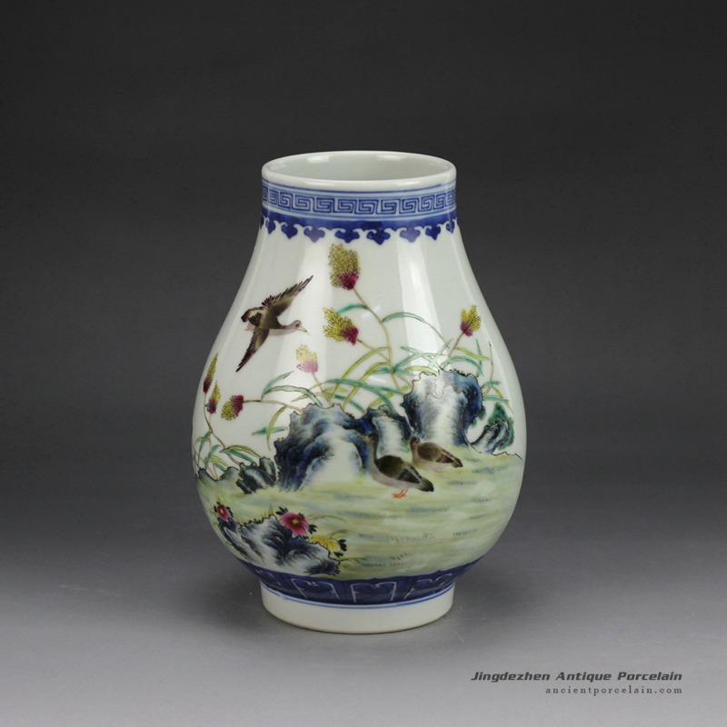 RZGU01_hand paint famille rose wild goose pattern barrel shape porcelain vase