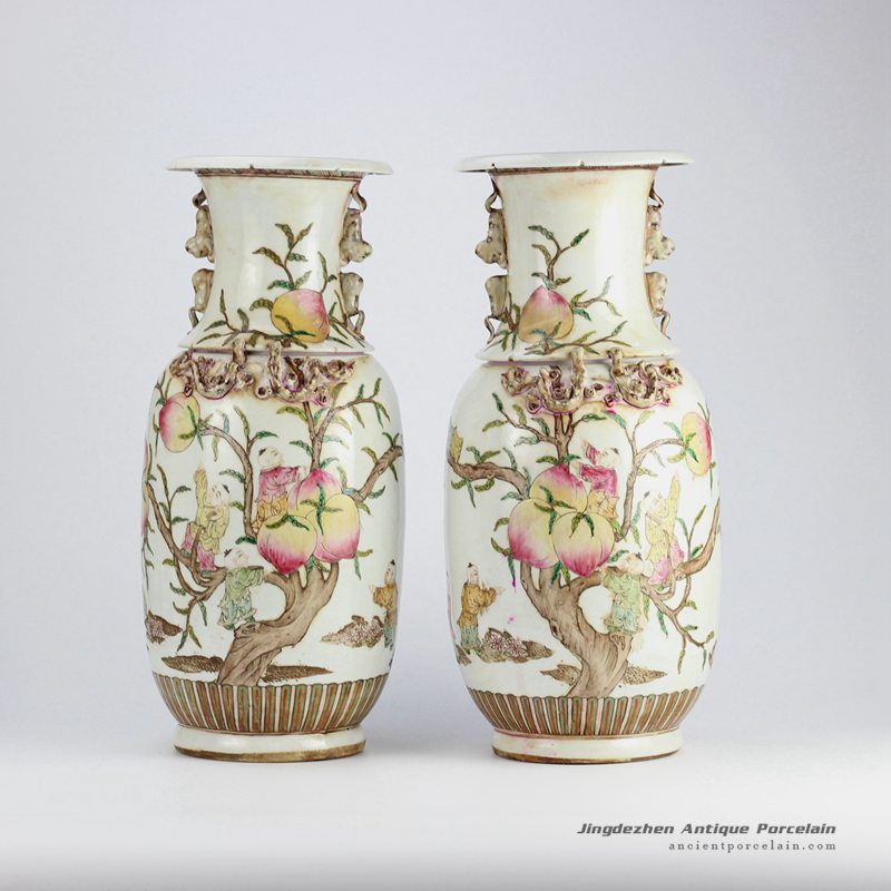 RZHD02_Vintage famille rose hand paint longevity peach and Chinese fair children pattern ceramic pair vases