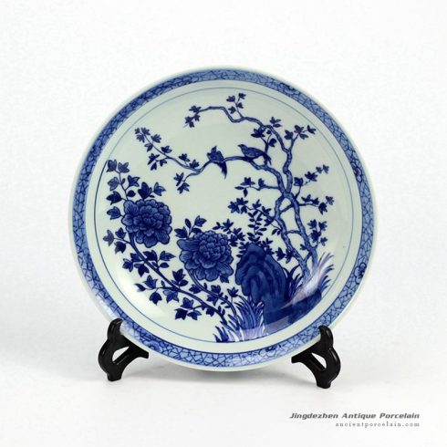 RZHG04-E_Blue and white hand paint bird floral branch pattern round porcelain furnishing platter