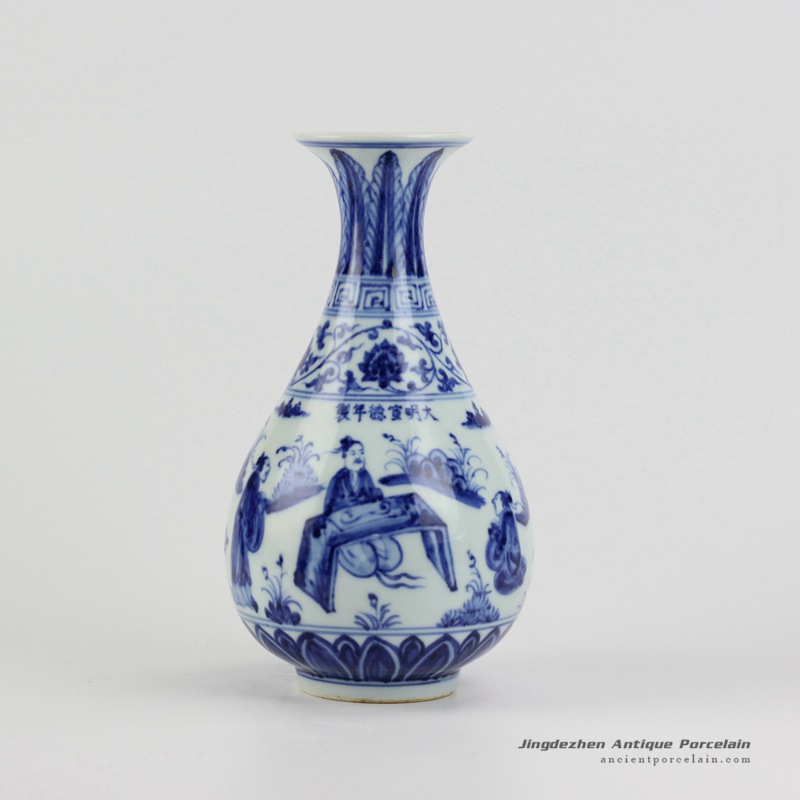 RZHL21_Blue and white hand paint ancient Chinese literati floral pattern porcelain okho spring bottle