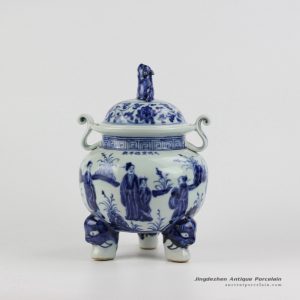 RZHL22_Unique design hand paint ancient Chinese folk pattern three feet blue ceramic incense stove