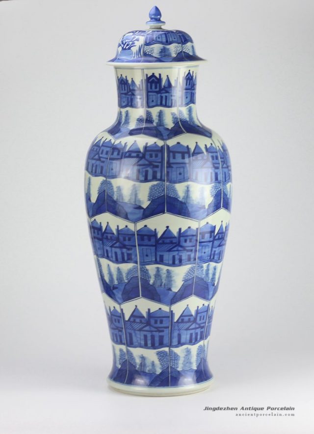 RZIG02_Blue and white hand paint building and pavilion pattern huge ceramic ginger jar