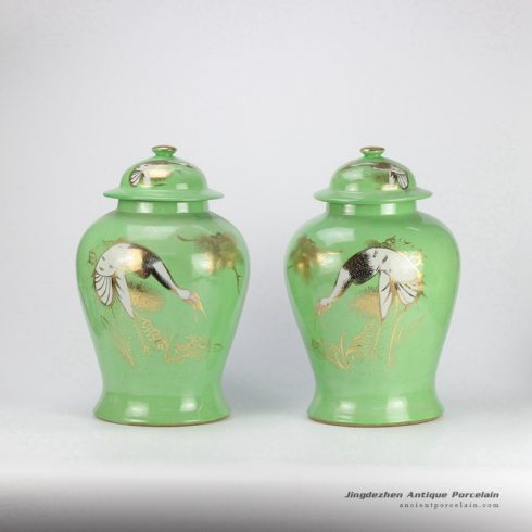RZJD03 Green mint golden crane pattern ceramic pair jar