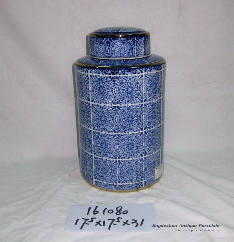 RZKA161080 Gold line plated blue and white floral exotic porcelain jar