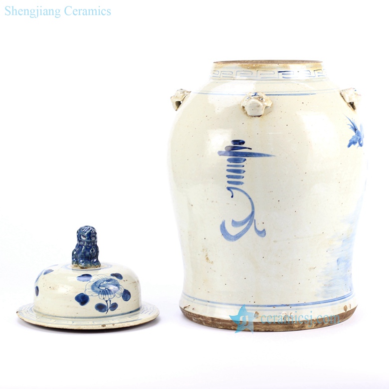 bird floral ceramic jar in blue