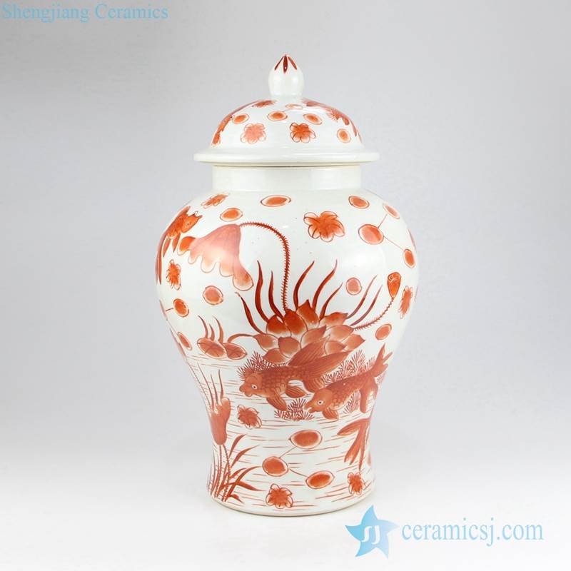 Red fish pond pattern hand drawing ceramic home decor jar