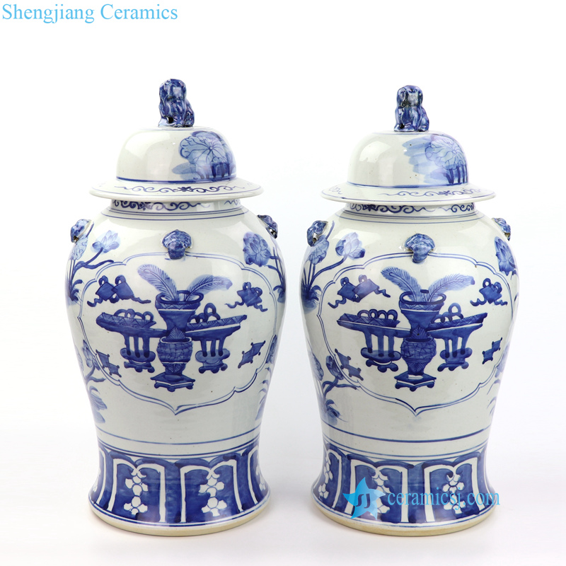 vase pattern ceramic jar with lion lid