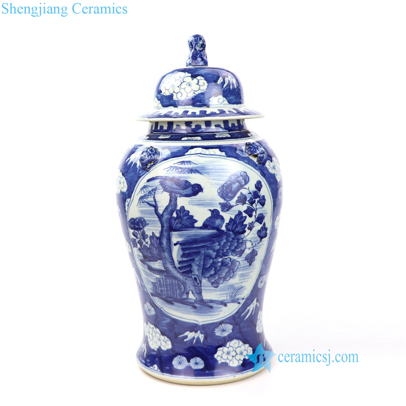blue background bird floral ceramic jar