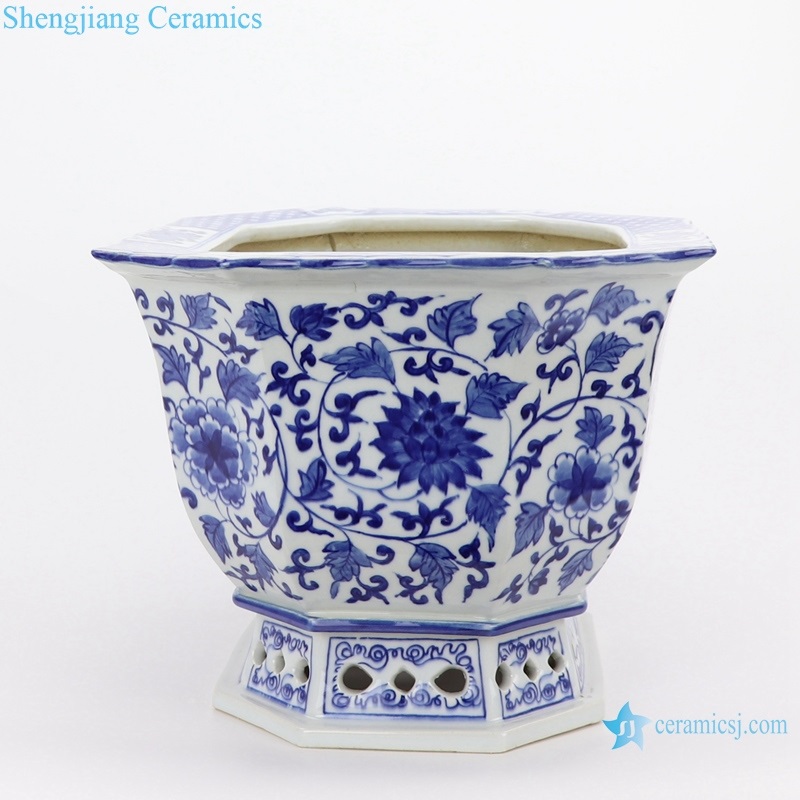 Octagonal peony blue and white flowerpot side view