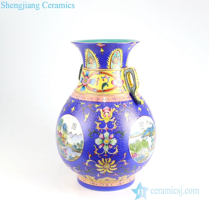  Colored enamel flower landscape ceramic vase side view