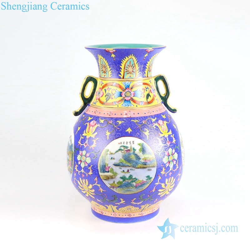  Colored enamel flower landscape ceramic vase front view