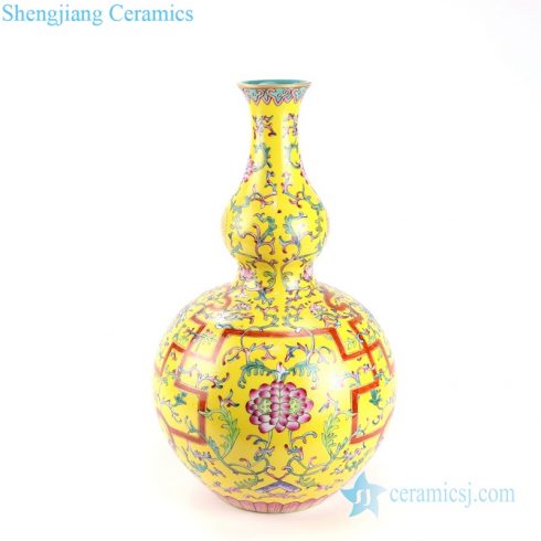 Royal yellow famille rose porcelain vase front view