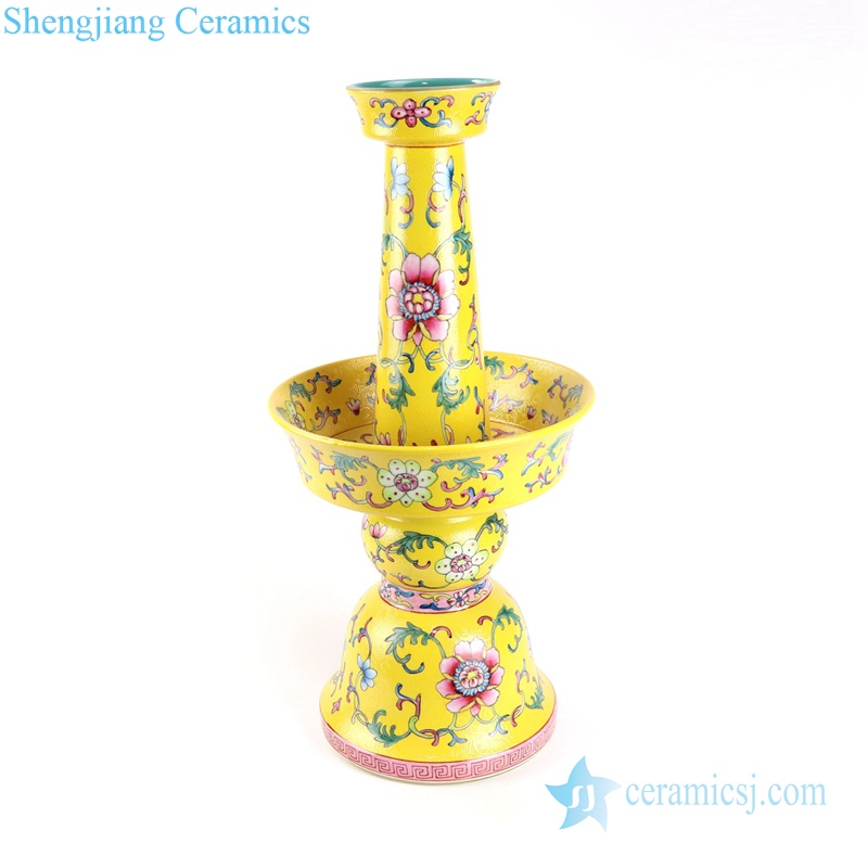 Yellow famille rose candle holder and vase