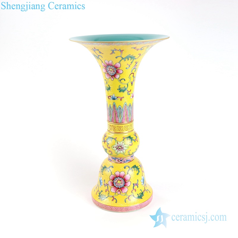 Yellow famille rose candle holder and vase