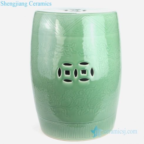 Lemon green carved ceramic stool front view