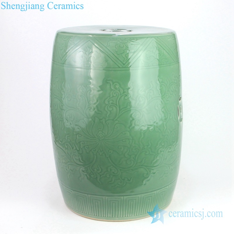 Lemon green carved ceramic stool back view