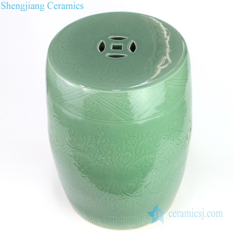 Lemon green carved ceramic stool top view