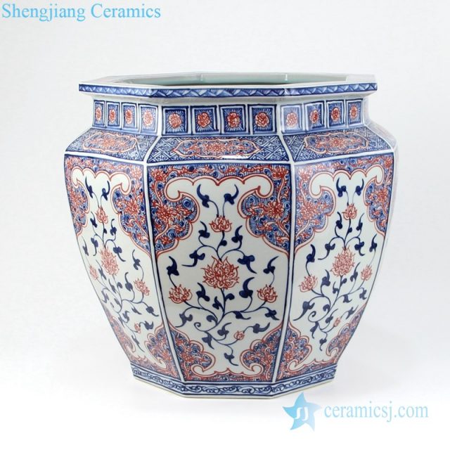 Eight - sided red glaze exquisite ceramic vat front view