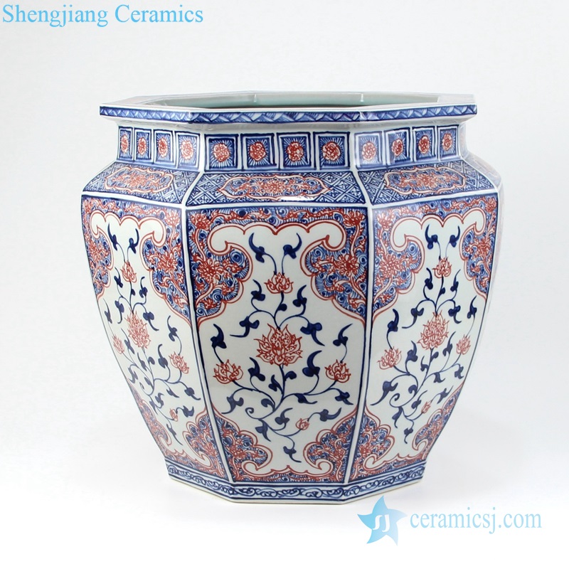 Eight - sided red glaze exquisite ceramic vat front view