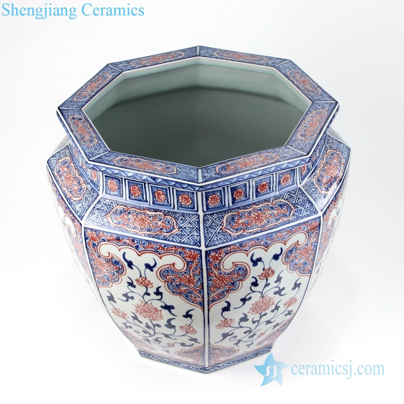 Eight - sided red glaze exquisite ceramic vat top view