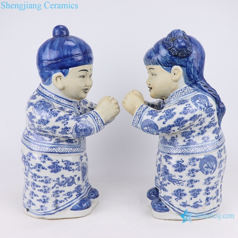  blue and white boy and girl ceramic statue 