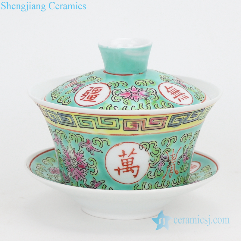 Kung fu tea set with three bowls green glaze