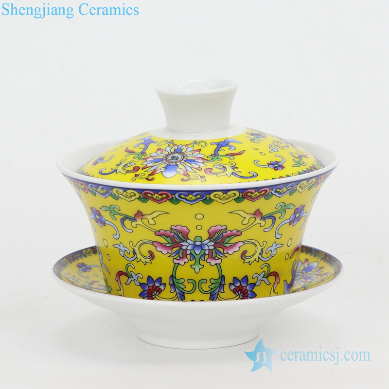 Kung fu tea set with three bowls yellow glaze