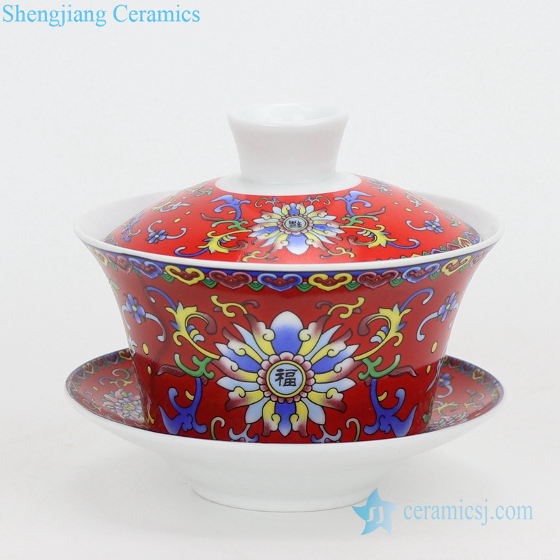 Kung fu tea set with three bowls red glaze