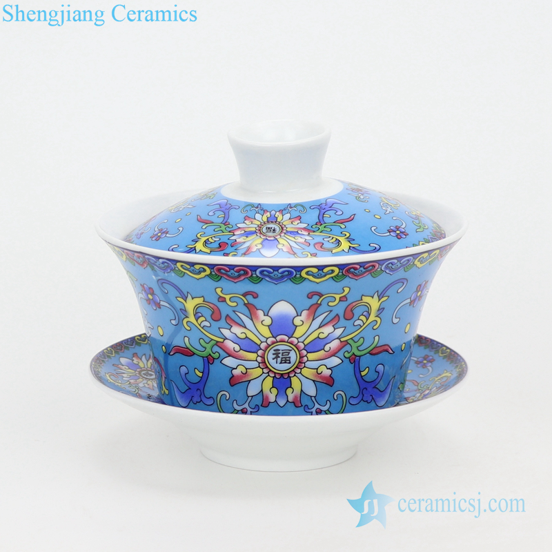 Kung fu tea set with three bowls blue glaze