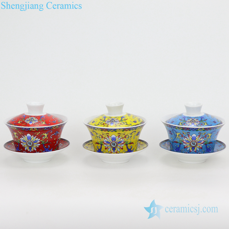 Kung fu tea set with three bowls front view 