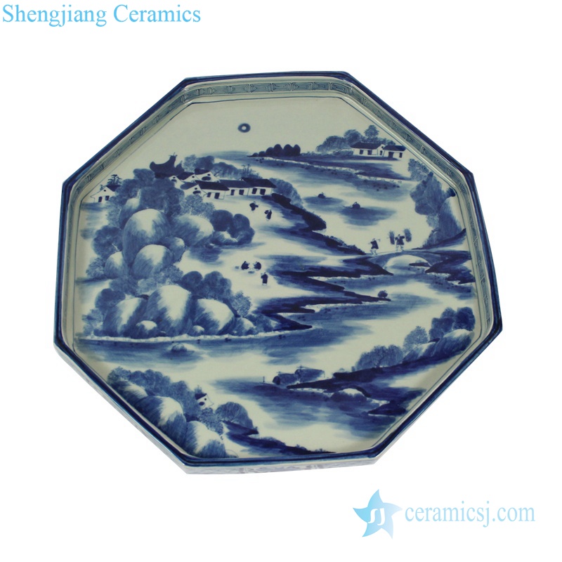 Landscape blue and white ceramic plate