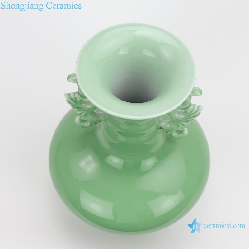 Green glaze double ear  vase top view 