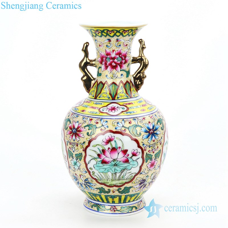 Golden dragon handle antique pottery vase front view