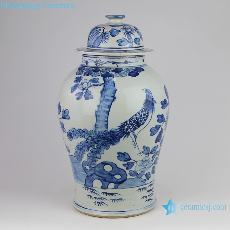 Hand-painted blue and white ceramic pot front view 