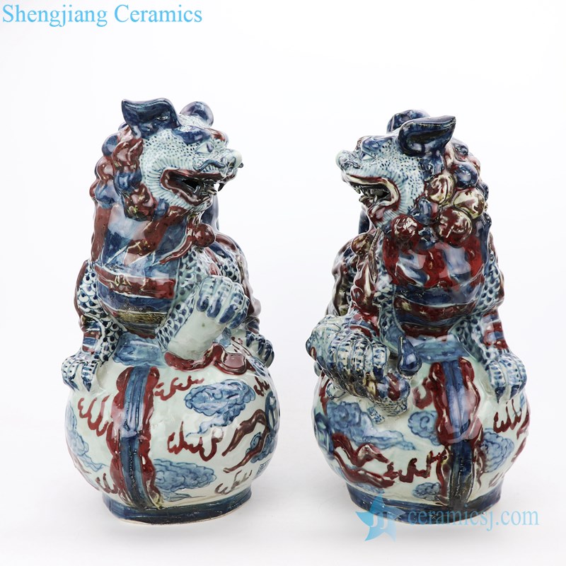 Blue and white red ceramic lion sculpture 