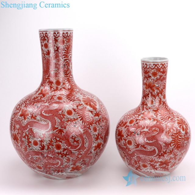 Beautiful red dragon pattern enamel vase 